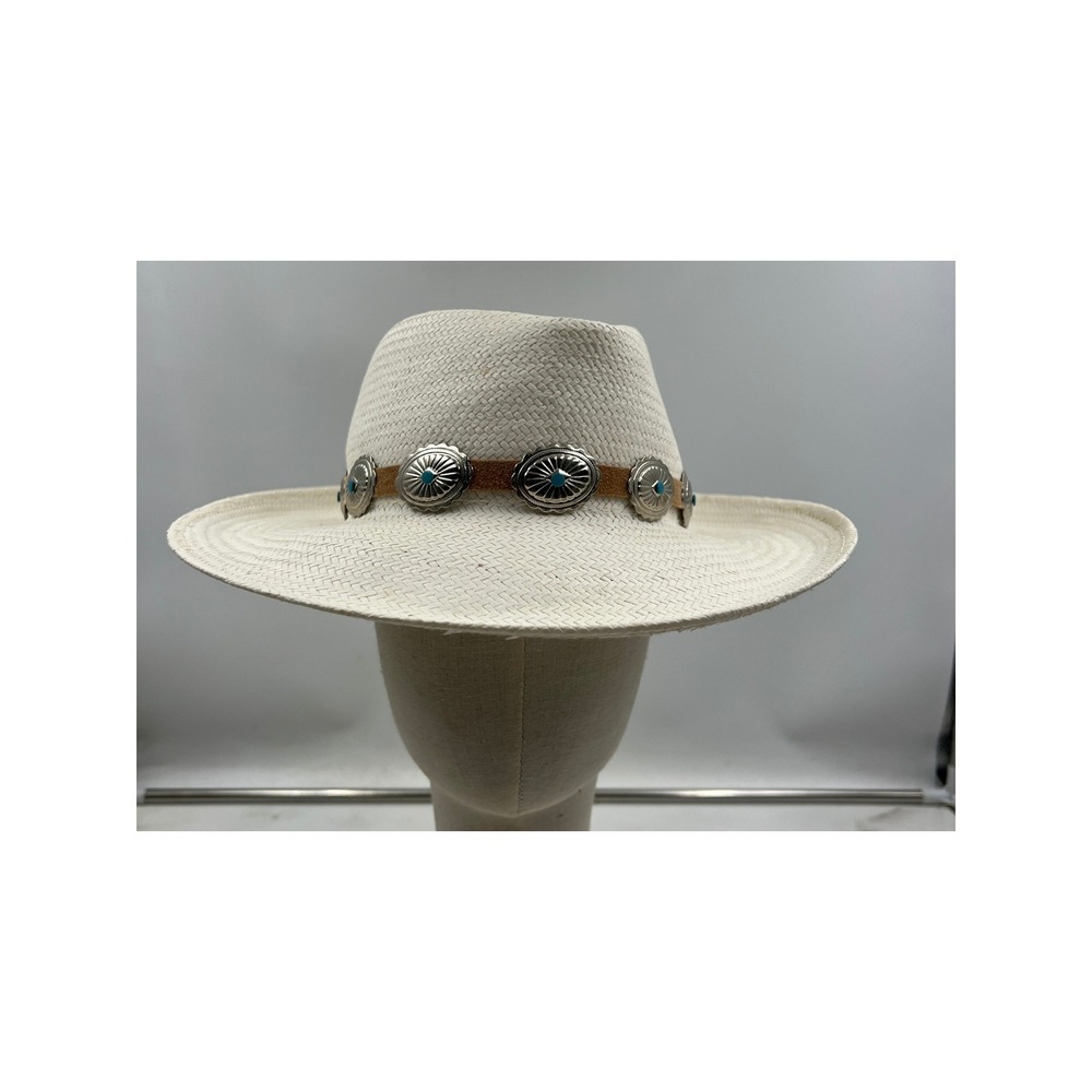 The Scala Collection White Straw Fedora Hat Western Concho Turquoise Medium USA - Picture 2 of 10